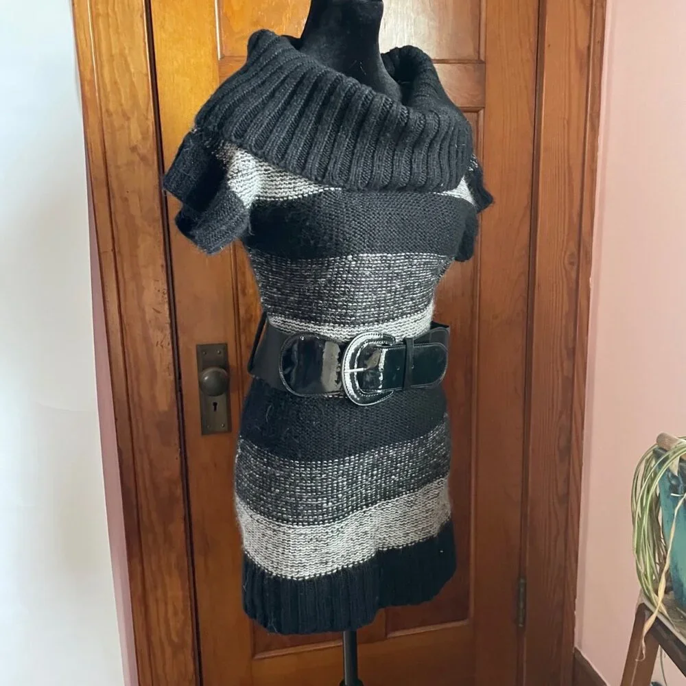 Vintage Y2K Say What Sweater Dress L Cowl Neck Belt Knit Striped Librarian Fall